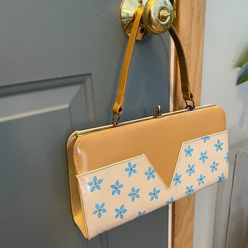 Vintage Creamy Yellow Vinyl Handbag with Hand Painted Blue Flowers